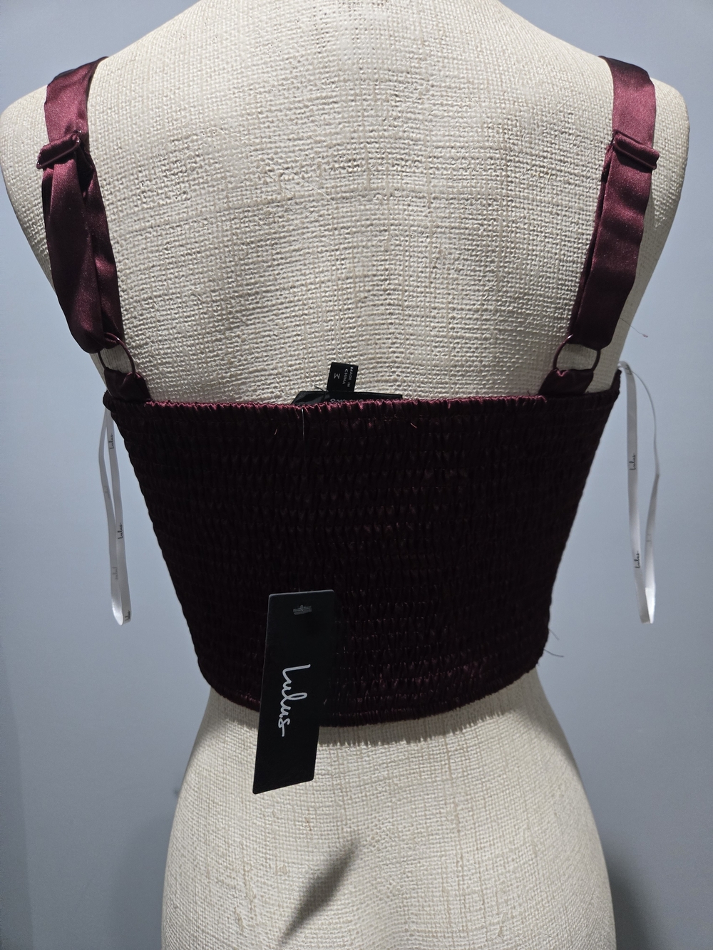 Lulu's Satin Rose-Front Burgundy Crop Top - Picture 6 of 6